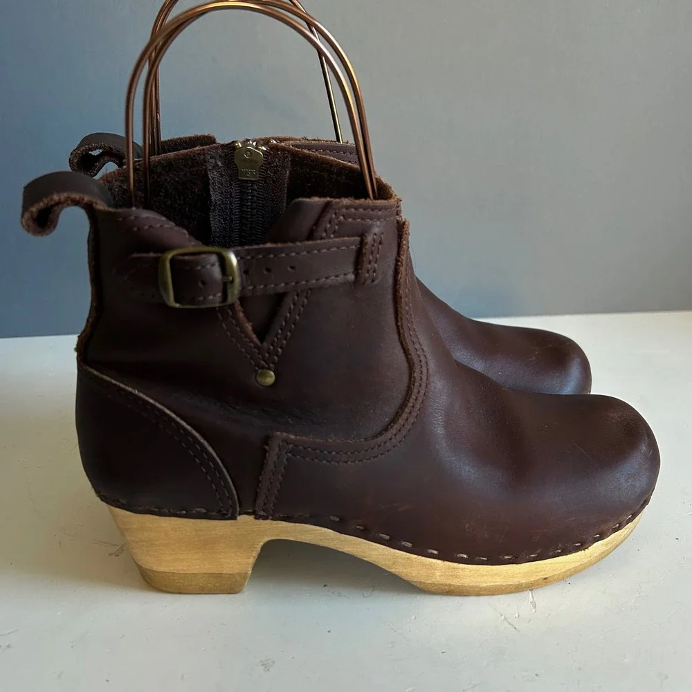 No 6 clog ankle boots size 8 / 38 brown Moto Leather Wood Heel Buckle Swedish - Picture 1 of 14